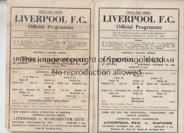 LIVERPOOL 44-5 Two Liverpool single sheet home programmes, 44/5, v Wrexham 7/10/44 and v Stockport