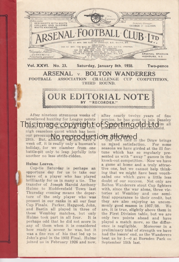 ARSENAL - BOLTON 1938 Arsenal home programme v Bolton, 8/1/1938, Cup, slight folds, rusty staples