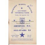 ARSENAL AT BRIGHTON Programme for Arsenal v All-Stars XI 29/9/1952 Alex Wilson Testimonial at