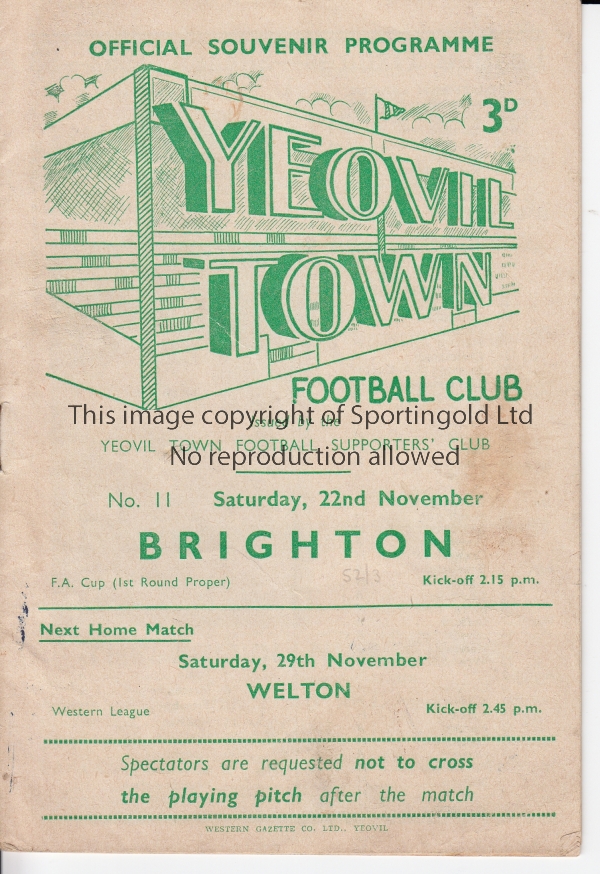 YEOVIL - BRIGHTON 52 Yeovil home programme v Brighton, 22/11/52, Cup, ink marks on back cover,