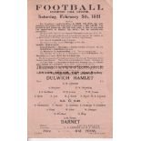 DULWICH HAMLET - BARNET 1921 Single sheet Dulwich Hamlet home programme v Barnet, 5/2/1921 ,