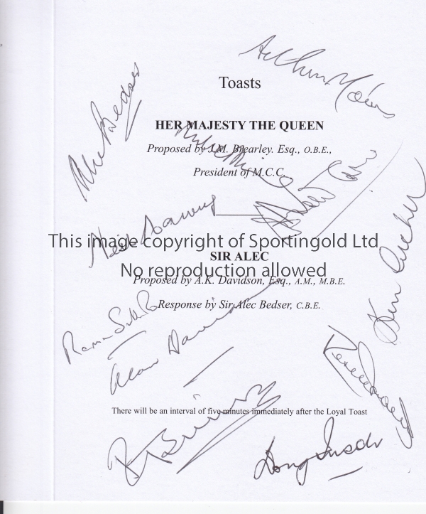 ALEC BEDSER / AUSTRALIA CRICKET / AUTOGRAPHS A menu and invitation for the Luncheon to Celebrate the