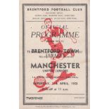 BRENTFORD - MAN UTD 1953 Scarce Brentford Youth home programme v Manchester United Youth, 11/4/53,