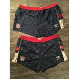 Tony Cottees England Football Shorts: Two pairs of blue Umbro shorts worn by Tony in the mid 80s