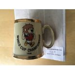 WC Willie 1966 Ceramic Football Tankard: Stunning cream mug with gold rims featuring WC Willie one