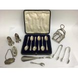 A cased set of London silver teaspoons, a plated t