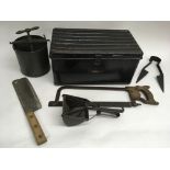 A Victorian cheese maker and metal tool box contai