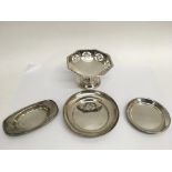 Three silver dishes and a footed bon bon dish of o