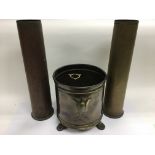 Two brass shell cases, approx 40.5cm and a coal bo