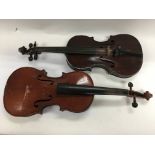 Four old violins including a 3/4 French antique Medio Fino circa early 1900's violin with three bows