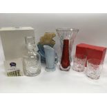 A collection of ceramic and glass items including a Whitefriars vase, a boxed crystal decanter,