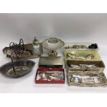 A collection of silver plated items including cutl