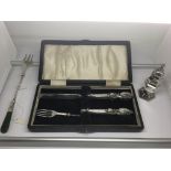 A cased silver knife and fork set, a/f, a silver s