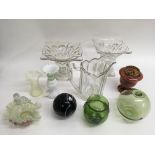 A Kralik ware type glass vase, a pair of moulded vases and other glassware