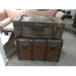 A pair of luggage trunks including a nice quality leather example, presumably First World War.