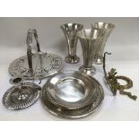 A collection of various silver plated items including three trumpet shaped vases, cicrular dishes