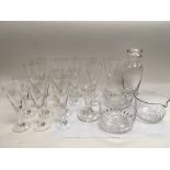 A collection of wine glasses, wine rinser glasses, decanter etc.