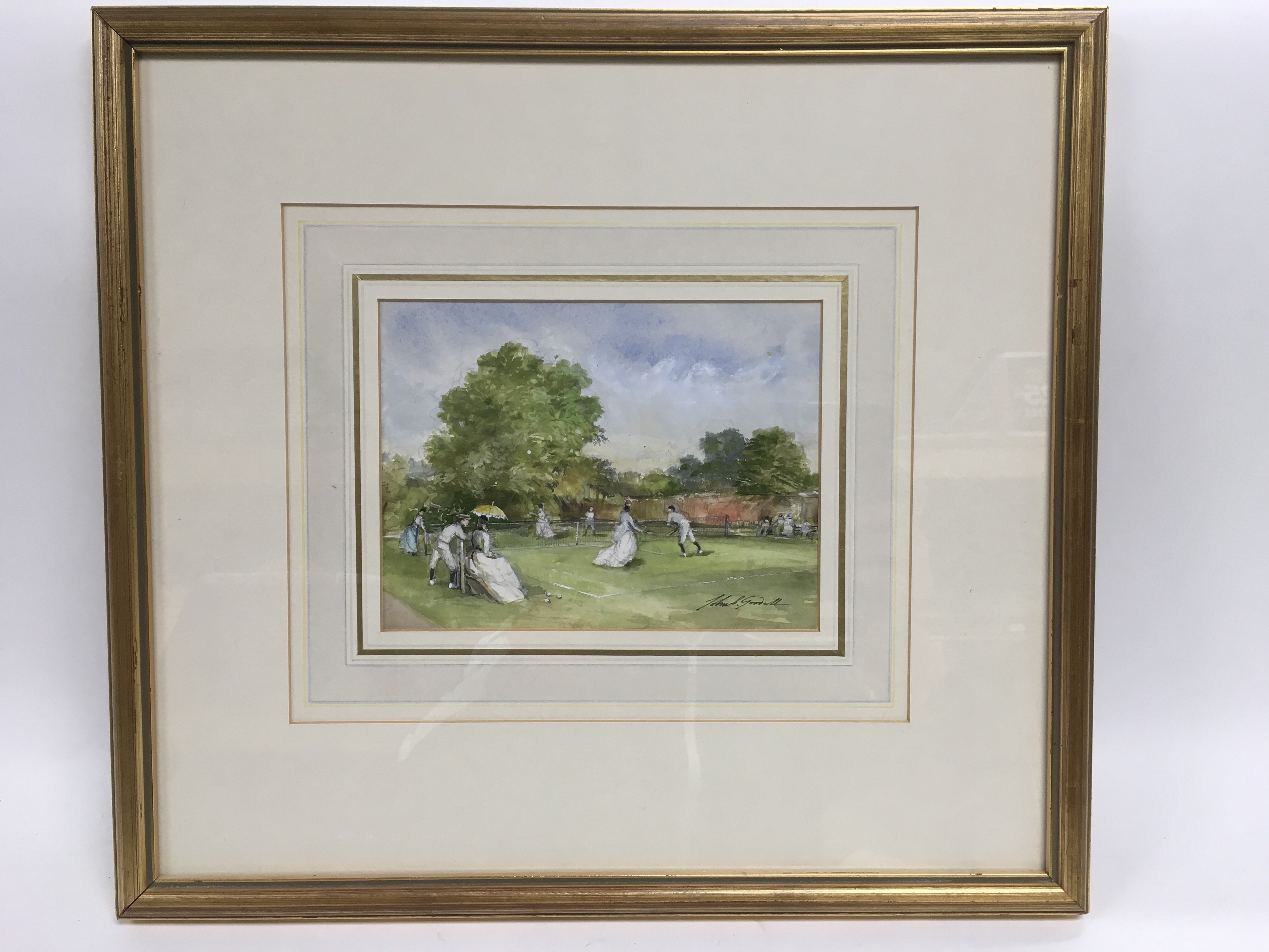 A framed and glazed watercolour of a tennis game by John Strickland Goodall, approx 42.5cm x 39cm.