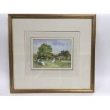 A framed and glazed watercolour of a tennis game by John Strickland Goodall, approx 42.5cm x 39cm.