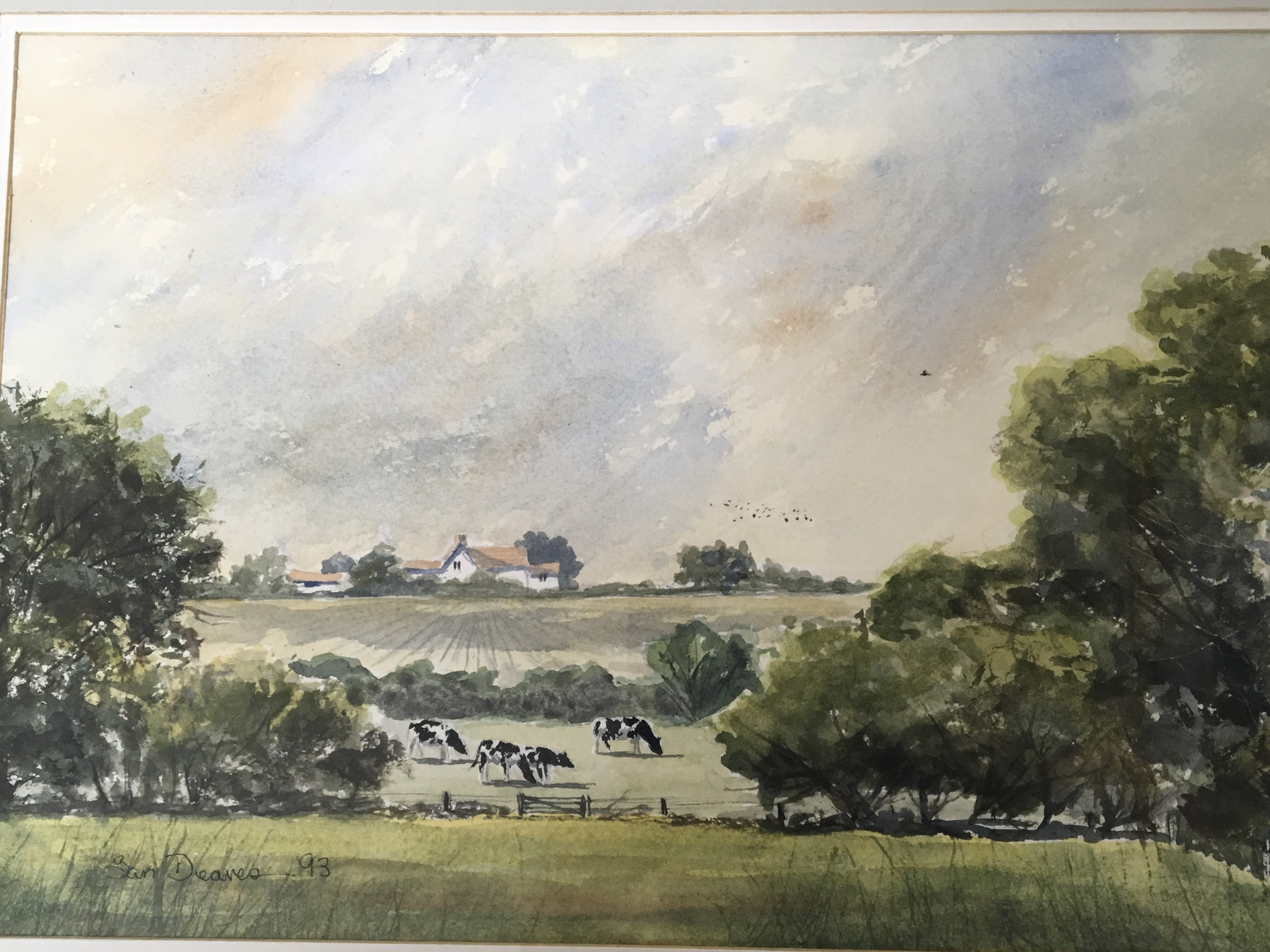 A Framed watercolour local view of a farm house wi
