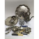 A box of various silver plated items including two trays, three piece tea service, various cutlery