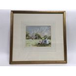 A framed and glazed watercolour of a village cricket match by John Strickland Goodall, approx 41cm x