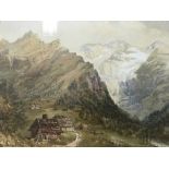A framed watercolour depicting a mountain scene, p