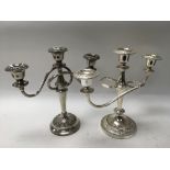 Two silver plated three branch candelabras, approx