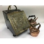 A late Victorian brass coal box and two copper tea