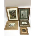 Five framed paintings comprising farmyard and landscape watercolours, two comical pen ad ink