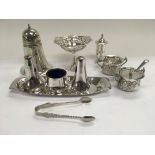 A collection of Silver and silver plated items including a pair of silver salts, a silver plated