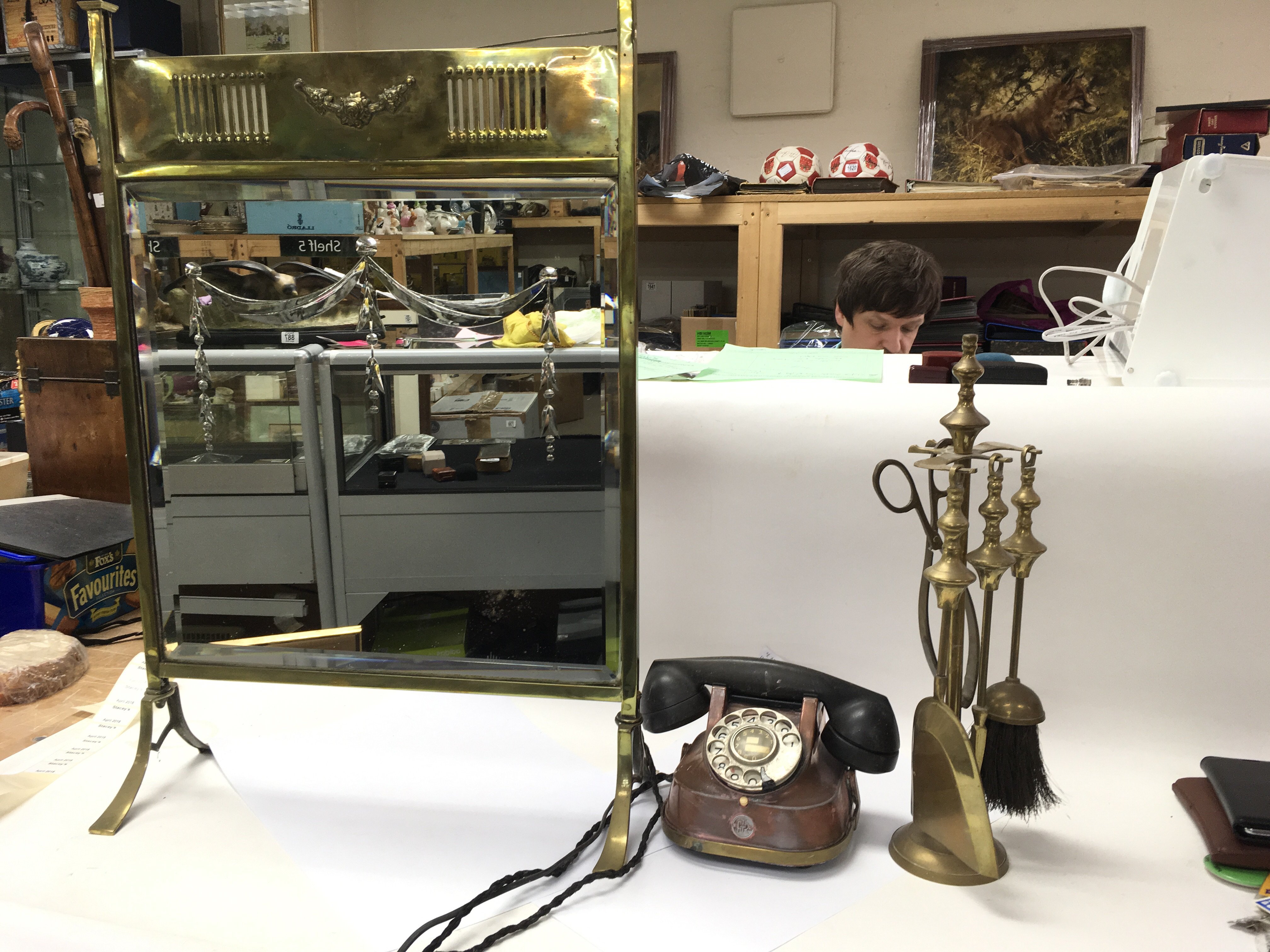 A collection of copper and brass items including a telephone, fire screen, an arts and crafts copper - Image 2 of 2
