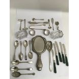 A silver Art Nouveau hand mirror, plus silver and plated flatware