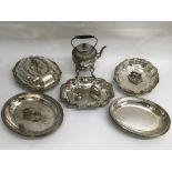 A silver plated spirit kettle and tureens