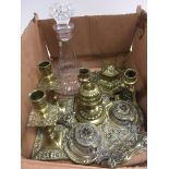 A box of brass items including a desk stand, candl
