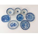 A collection of blue and white ceramics including