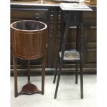 An inlaid wood jardiniere and wooden plant stand