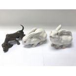 A lladro figure of a bloodhound, a Beswick horse plus one other and a pair of rabbits, West Highland