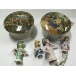 Two 19th century pot lids Hide and seek and the other dipicting dear and a collection of pin dolls.