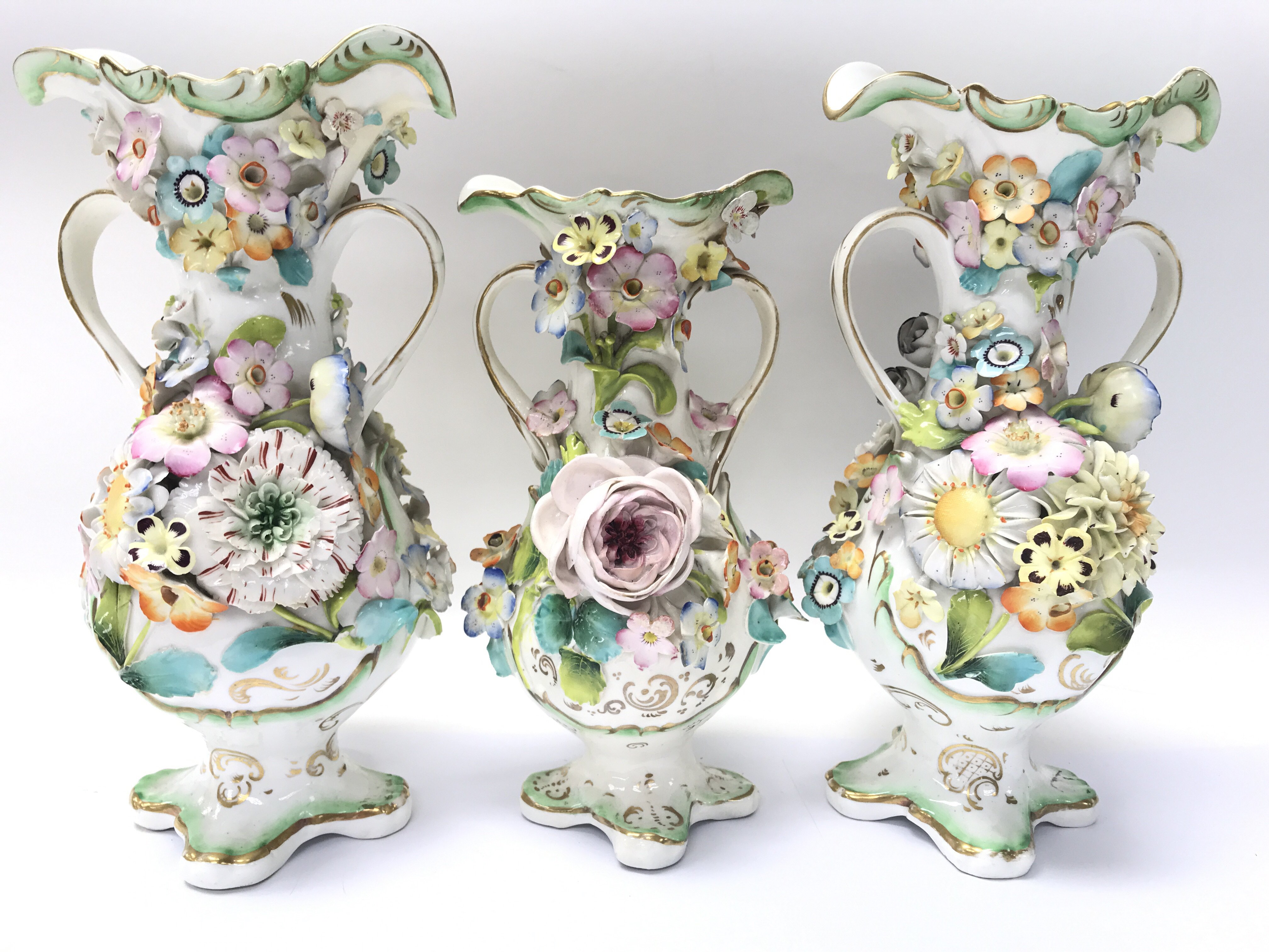 3 Victorian Copeland vases with raised flower deco