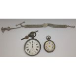 A lady's silver fob watch with decorated dial, a g