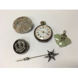 A small fob watch, silver brooch, stick pin and ja