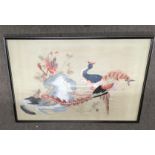 A framed silk embroidery of exotic birds