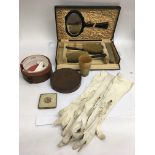 A cased brush set, collar box, horn beaker and oth