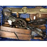 Two vintage drills and various vintage tools.