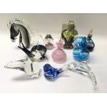 Collection of glass animal paperweights and other