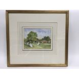 A framed and glazed watercolour of a tennis game b