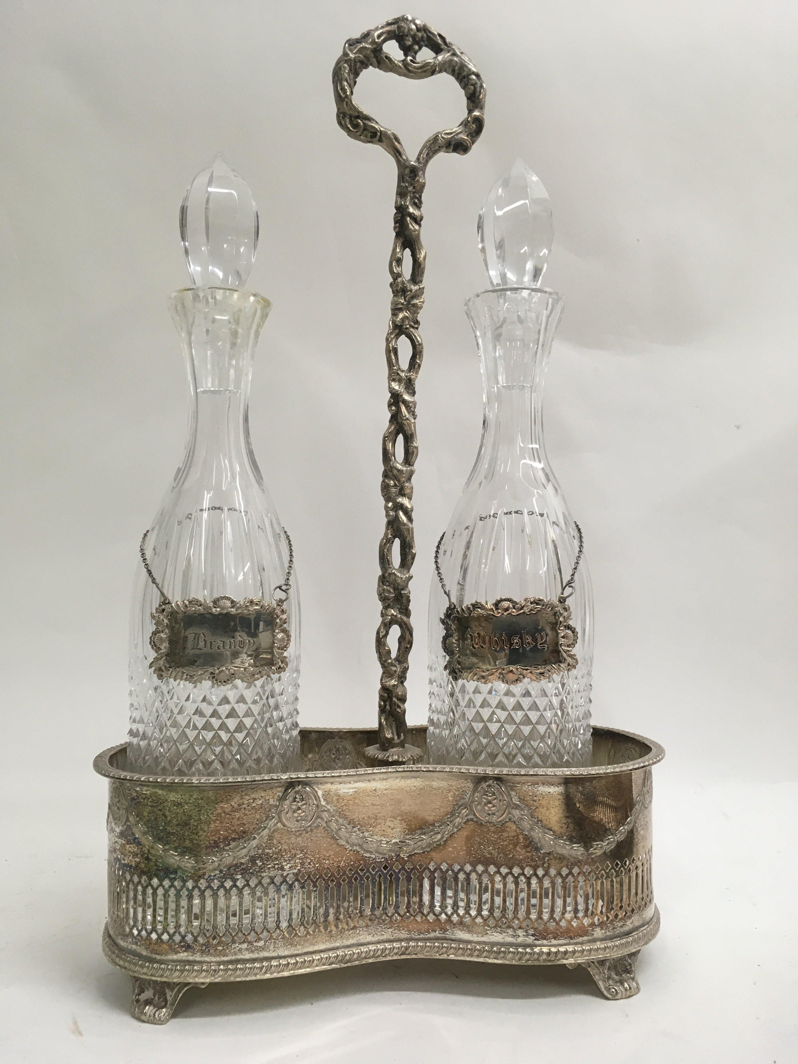 Two cut glass decanters with wine labels inset int