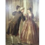 A pair of prints on canvas depicting figures in period clothing courting, one signed.