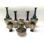 Two pairs of Royal Doulton slater vases and other Doulton pieces.